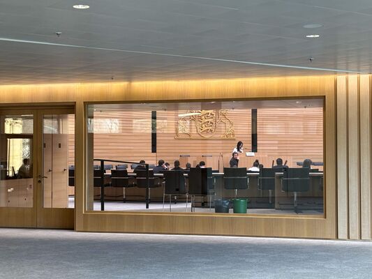 In einem modernen Sitzungssaal hält eine Frau vor einer Gruppe von Menschen einen Vortrag, während das Wappen an der Wand prangt.