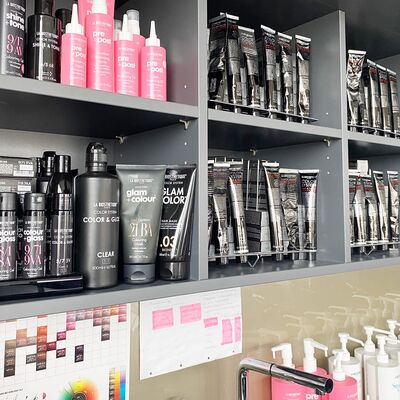 Haarprodukte von La Biosthétique im Regal über dem Haarwaschbereich