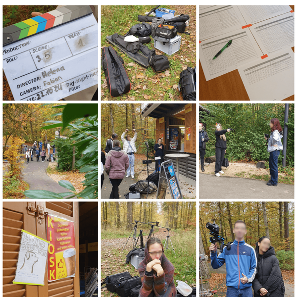 Eine Collage zeigt die Filmprojektwoche mit Szenen von Dreharbeiten im Wald, Ausrüstung und einem Drehbuch.