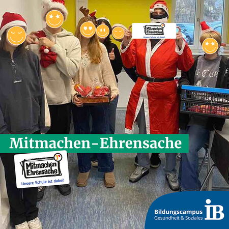 Eine Gruppe von Menschen in Weihnachtskostümen hält Geschenke mit dem Schriftzug "Mitmachen – Ehrensache".