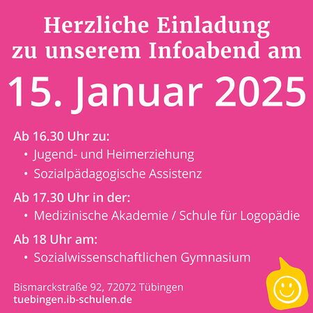 Einladung zum Infoabend am 15. Januar 2025 in Tübingen mit verschiedenen Bildungsthemen ab 16:30 Uhr.