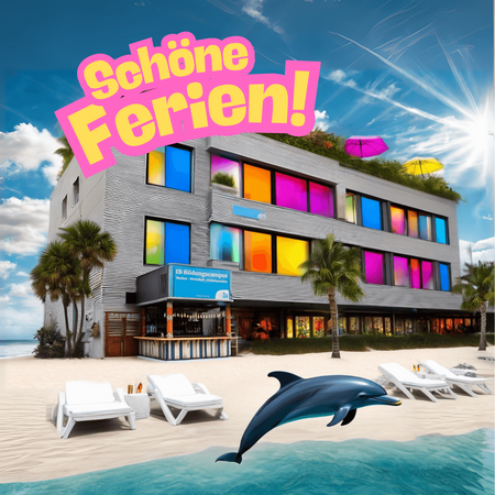 Ein modernes Gebäude mit bunten Fenstern am Strand, umgeben von Palmen und einem springenden Delfin, mit "Schöne Ferien!" im Himmel.