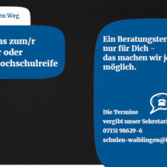 Blauer Post mit Informationen über Angebote zur Erlangung von Abitur oder Fachhochschulreife, inklusive Beratungstermin.