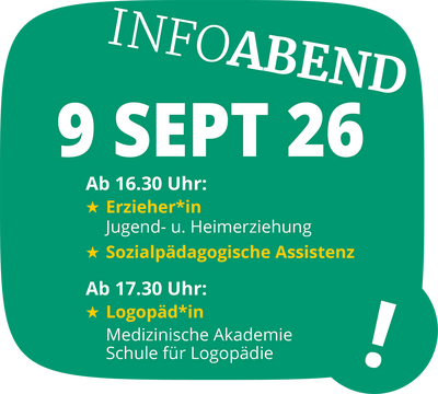 Einladungsbanner für den Infoabend am 9. September 2026 zu Erzieher*in, Sozialpädagogischer Assistenz und Logopädie.