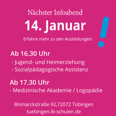 Einladung zum Infoabend am 14. Januar in Tübingen zu verschiedenen Ausbildungsprogrammen in Jugendhilfe und Logopädie.