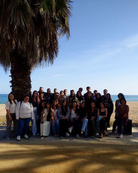 Eine Gruppe von Schülern posiert lächelnd unter einer Palme am Strand von Barcelona.