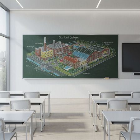 Modernes Klassenzimmer mit buntem Chalk-Design des Dick Areals in Esslingen an der Tafel.