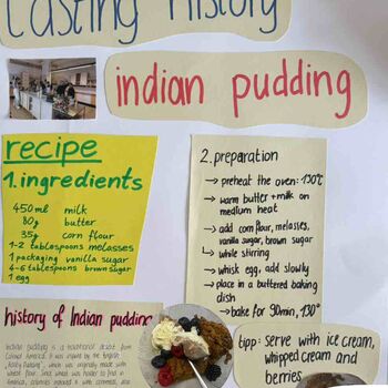 Ein Poster beschreibt das Rezept für indischen Pudding mit Bildern und Zutaten. | © Name