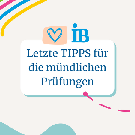 Bunte Linien und ein Hinweis geben letzte Tipps für mündliche Prüfungen auf einem farbenfrohen Hintergrund.