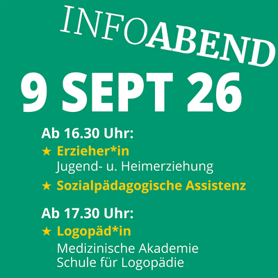 Infoabend am 9. September 2026 zu Erziehung, Sozialpädagogik und Logopädie ab 16:30 Uhr.