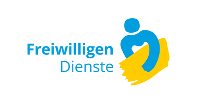 Das Logo zeigt eine blaue Figur, die ein gelbes Band hält, daneben steht "Freiwilligen Dienste".