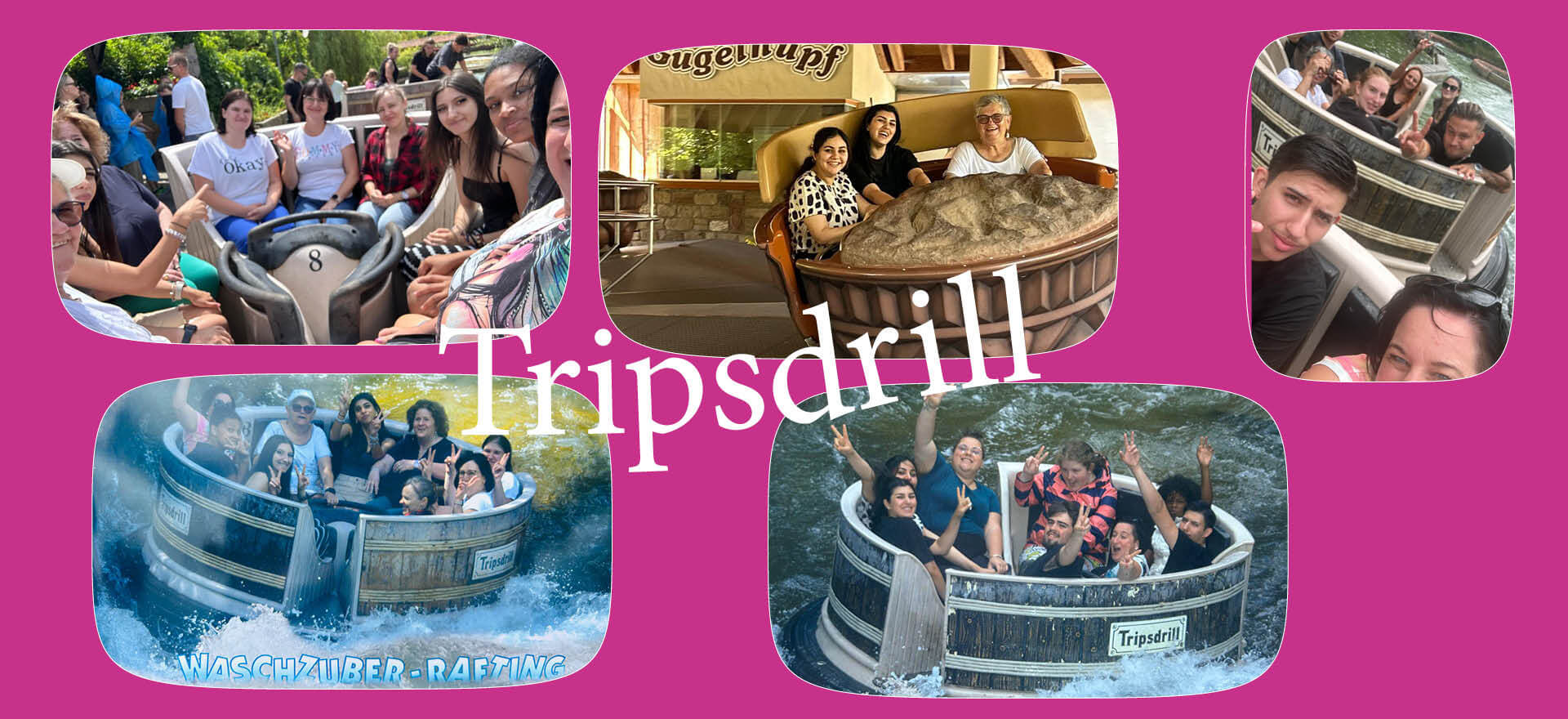 Gruppen von Freunden genießen aufregende Fahrten im Tripsdrill Freizeitpark, einschließlich Waschzuber-Rafting.