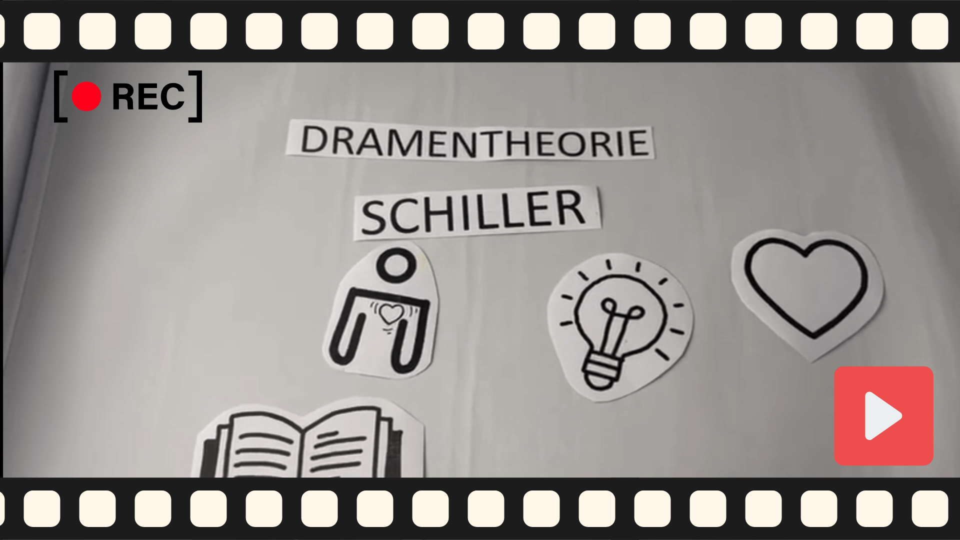 Eine Videokamera-Aufnahme zeigt Symbole und den Text "Dramen Theorie Schiller" auf einem hellen Hintergrund.