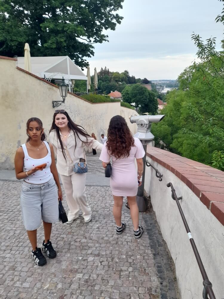 Drei Freunde spazieren auf einem gepflasterten Weg, umgeben von Bäumen und einer Aussicht auf die Stadt.